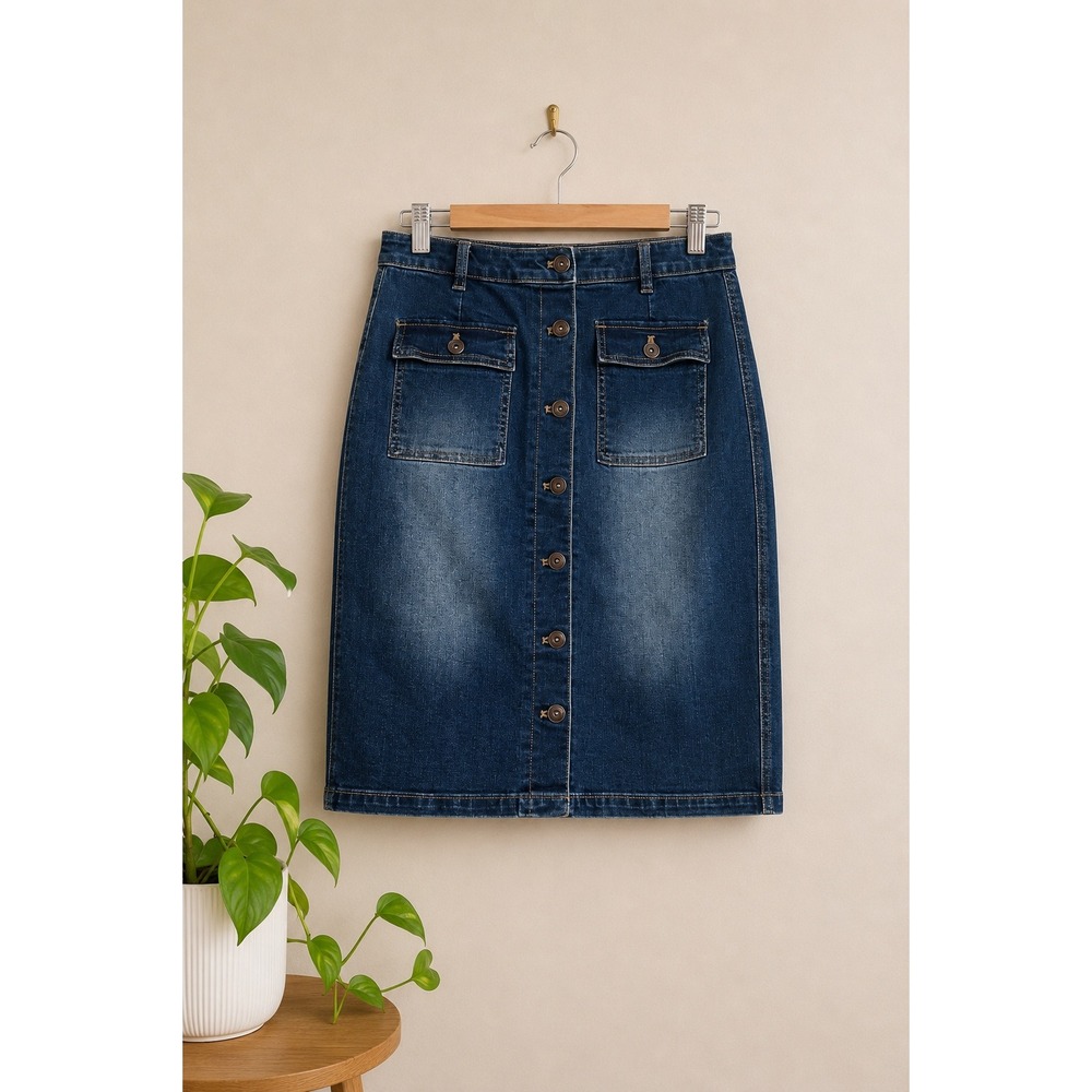 Tribal Jeans Blue Denim Button Front Midi Skirt Classic Sz 8 Cowboy Western